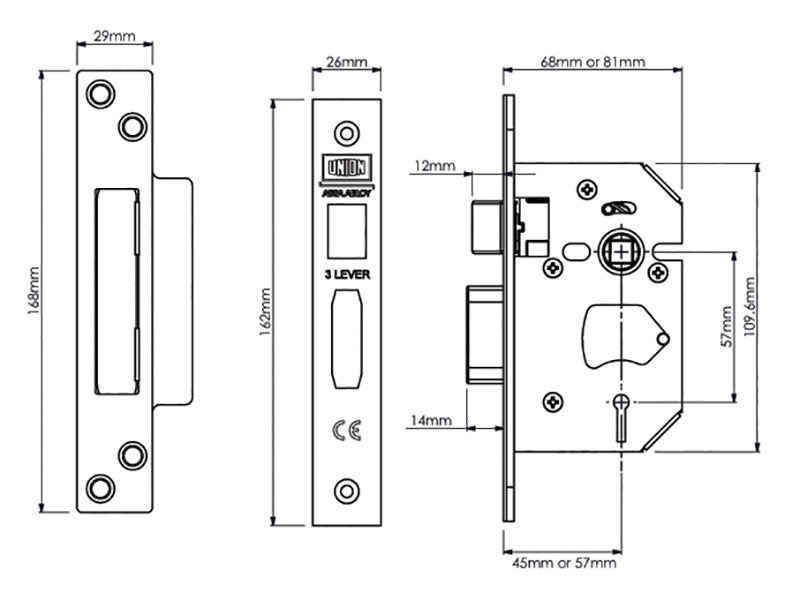 UNION StrongBOLT 2203S 3 Lever Mortice Sashlock Polished Brass 81mm 3in Visi UNNY2203PB30