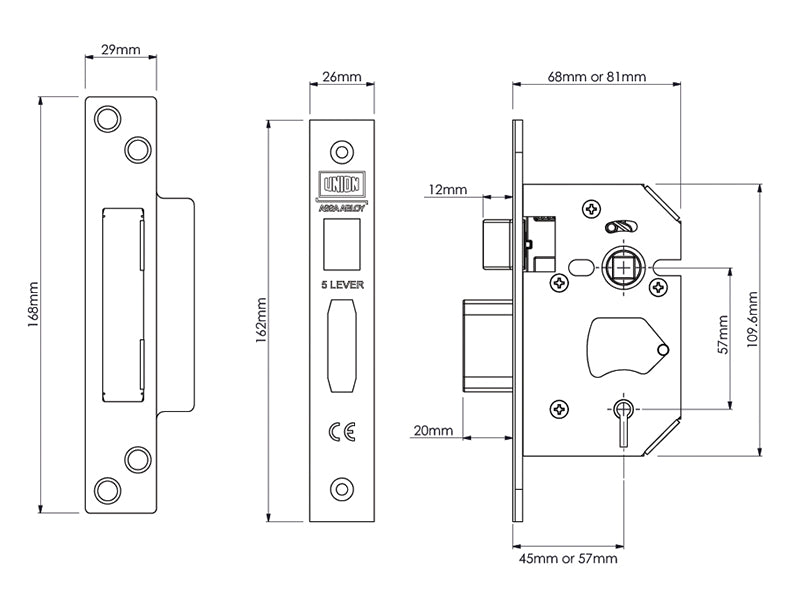 UNION StrongBOLT 2205S 5 Lever Mortice Sashlock Polished Brass 68mm 2.5in Visi UNNY2205PB25