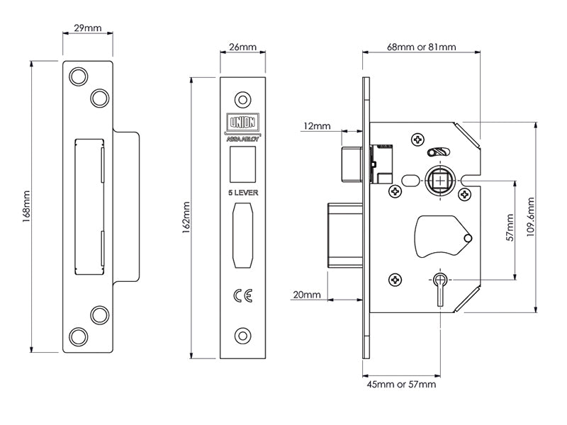 UNION StrongBOLT 2205S 5 Lever Mortice Sashlock Polished Brass 81mm 3in Visi UNNY2205PB30