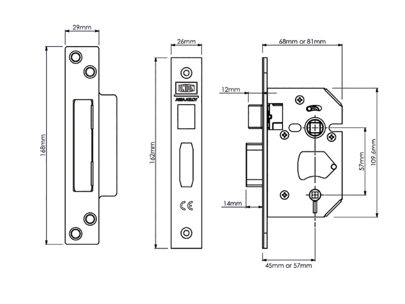 UNION StrongBOLT 22WCS Mortice Bathroom Lock Polished Brass 68mm 2.5in Visi UNNY22WCPB25