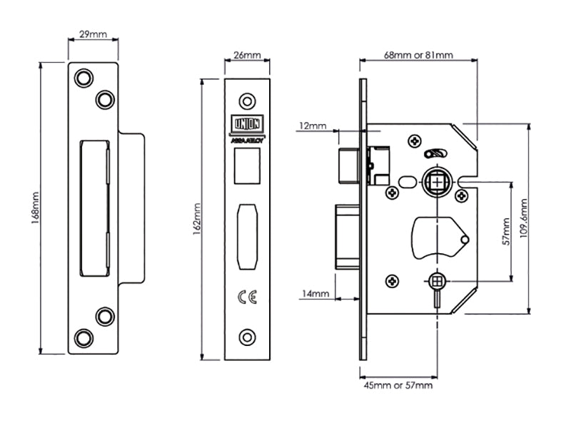 UNION StrongBOLT 22WCS Mortice Bathroom Lock Polished Brass 81mm 3in Visi UNNY22WCPB30