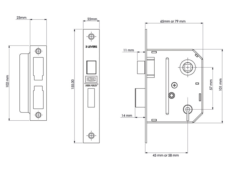 UNION ES-SL Essentials 3 Lever Mortice Sashlock Chrome 65mm 2.5in Visi UNNYESSLCH25