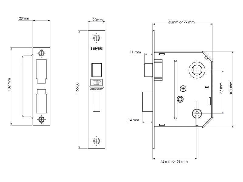UNION ES-SL Essentials 3 Lever Mortice Sashlock Polished Brass 65mm 2.5in Visi UNNYESSLPB25