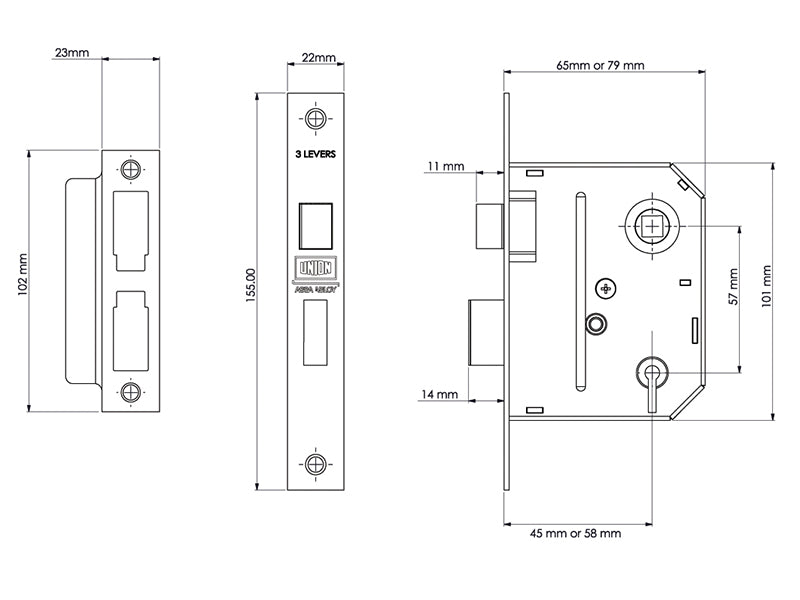 UNION ES-SL Essentials 3 Lever Mortice Sashlock Polished Brass 79mm 3in Visi UNNYESSLPB30