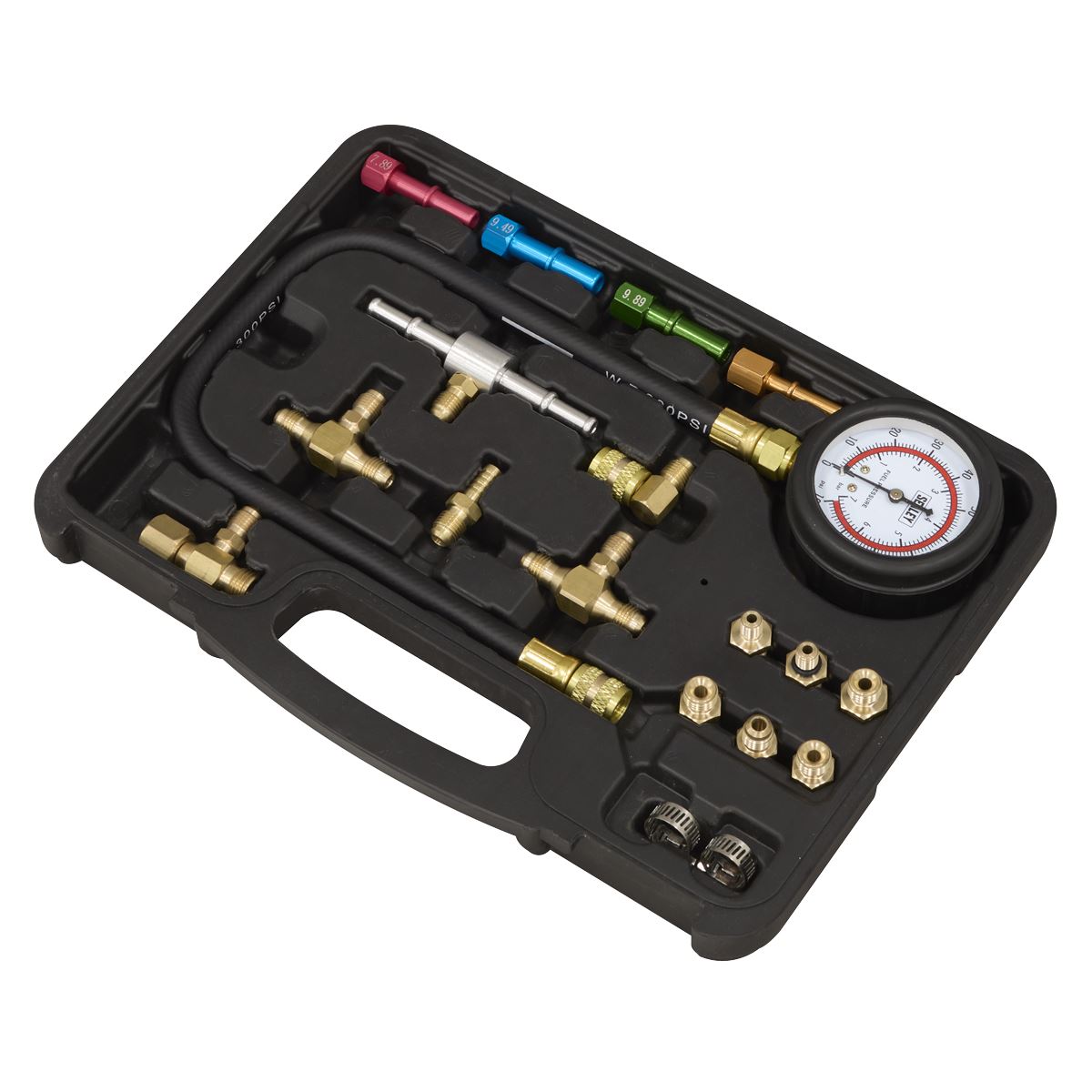 Sealey Petrol Engine Fuel Pressure Test Kit 0-100psi 0-7bar 62mm Gauge VS564