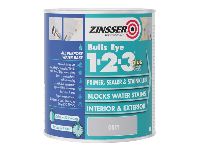 Zinsser Bulls Eye® 1-2-3 Plus Primer, Sealer & Stain Killer Grey 1 litre ZINBE123PG1L