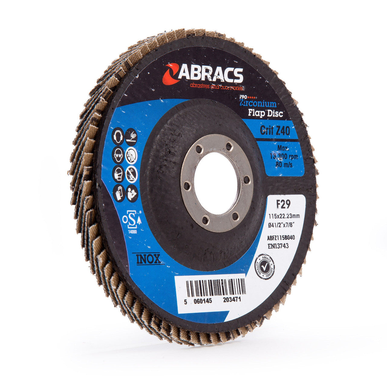 Abracs Pro Zirconium Flap Disc 115mm Bore 22mm 40 Grit 5 Pack ABFZ115B040