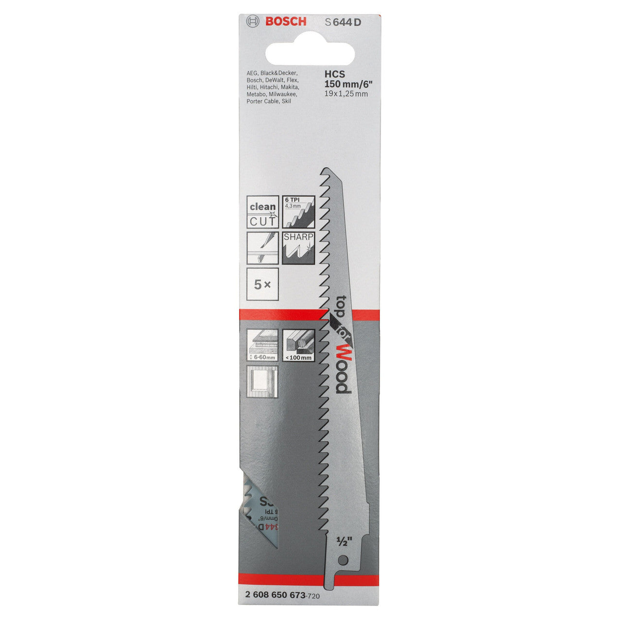 Bosch Reciprocating Saw Blades for Wood 150mm Pack Of 5 S644D
