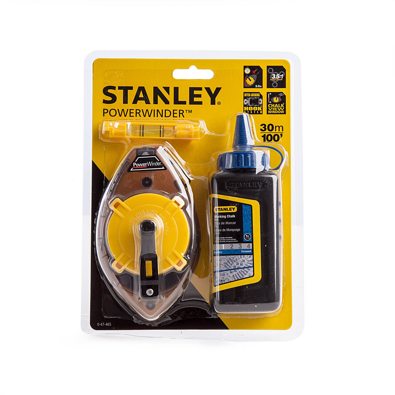 Stanley PowerWinder Chalk Line Level & Blue Builders Chalk 0-47-465