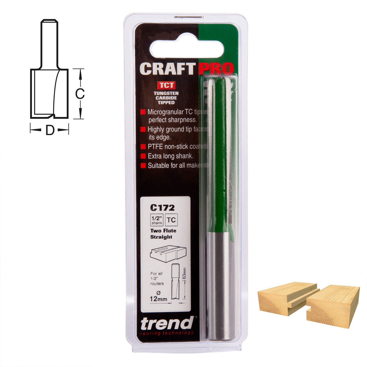 Trend Two Flute Straight Router Cutter 12mm x 1/2" Shank C172X1/2TC