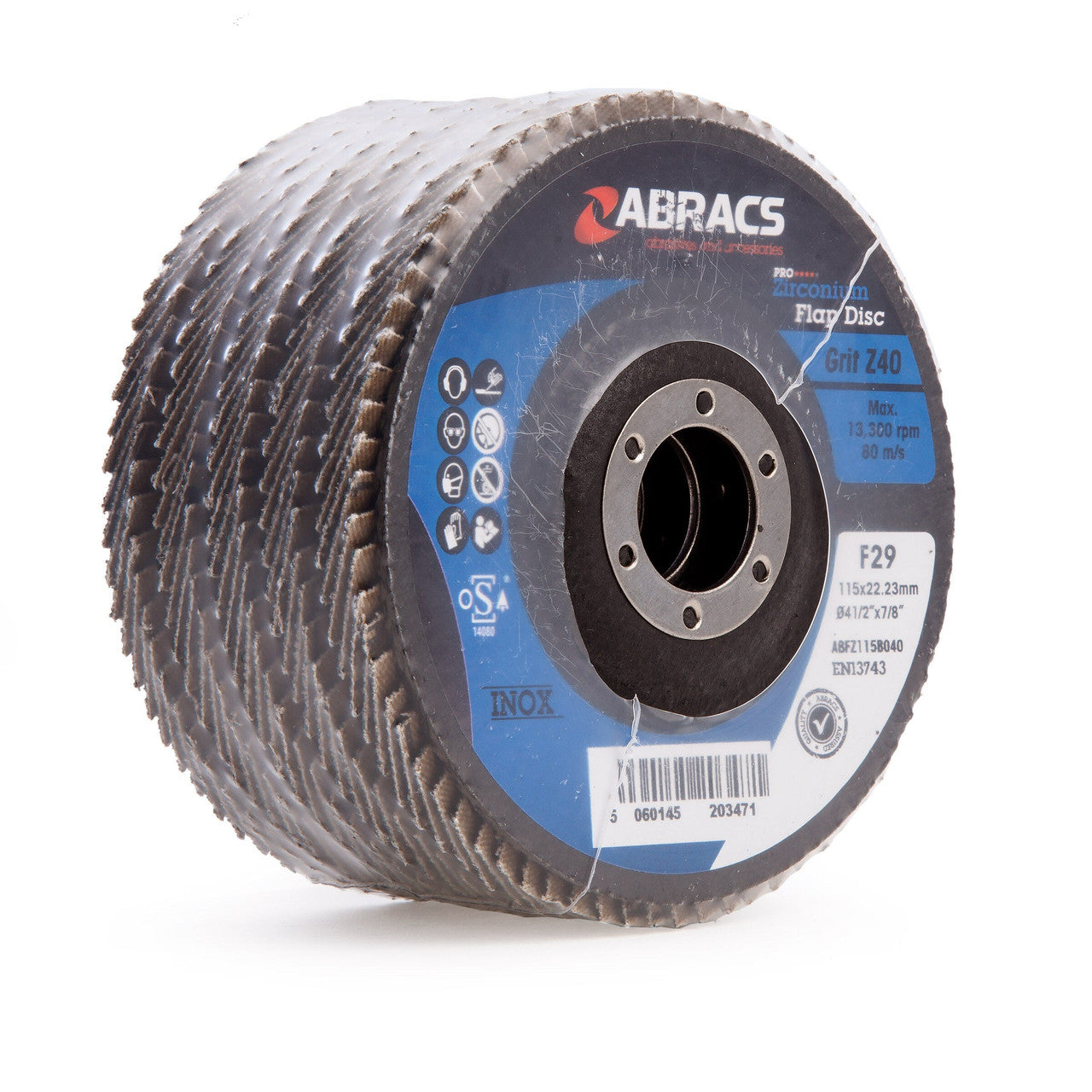 Abracs Pro Zirconium Flap Disc 115mm Bore 22mm 40 Grit 5 Pack ABFZ115B040