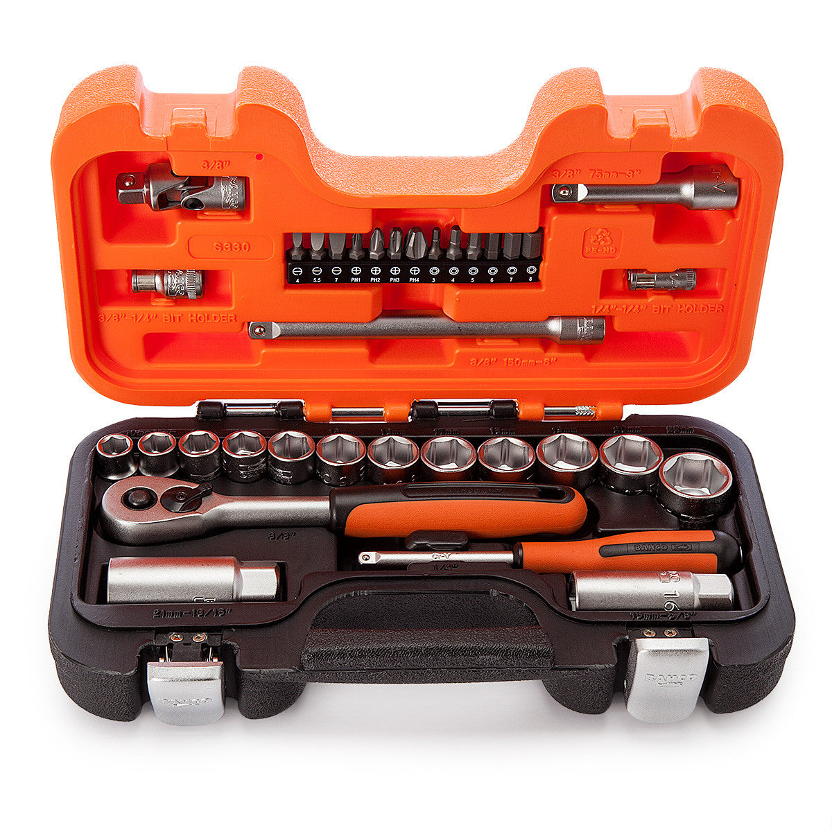 Bahco Metric Socket & Bit Set 1/4" & 3/8"D 34 Pc Inc Extensions U/J Ratchet S330