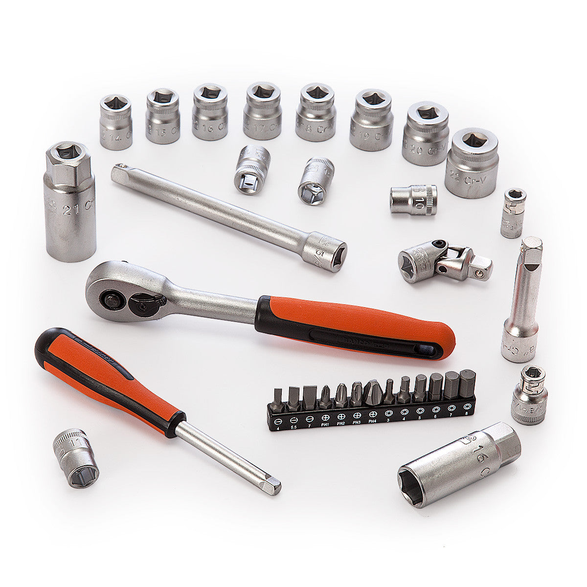 Bahco Metric Socket & Bit Set 1/4" & 3/8"D 34 Pc Inc Extensions U/J Ratchet S330