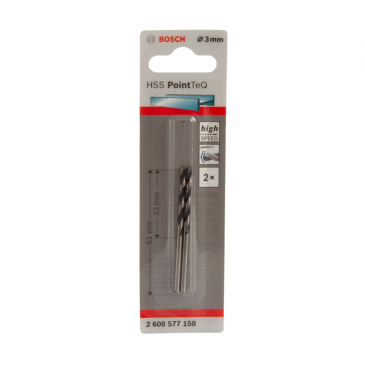 Bosch HSS PointTeQ Twist Metal Drill Bit 3mm 2 Pack Self Centring 2608577158