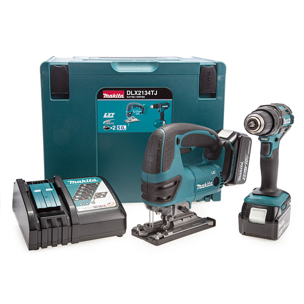 Makita 18V Combi Drill & Jigsaw Twin Pack 2 x 5.0Ah Batts MakPac Case DLX2134TJ
