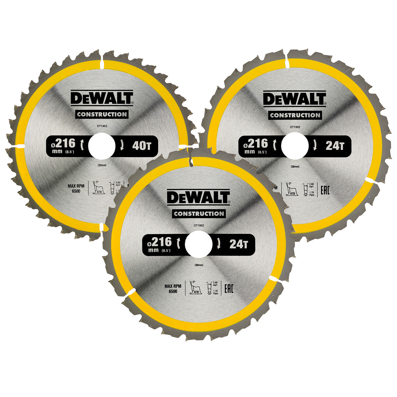 Dewalt Construction Circular Saw Blade Triple Pack 216 x 30mm x 24T & 40T DT1962