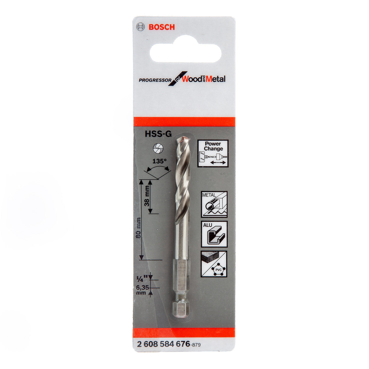 Bosch HSS-G Hole Saw Pilot Drill 6.35mm x 38mm x 80mm 1/4 Hex Shank 2608584676