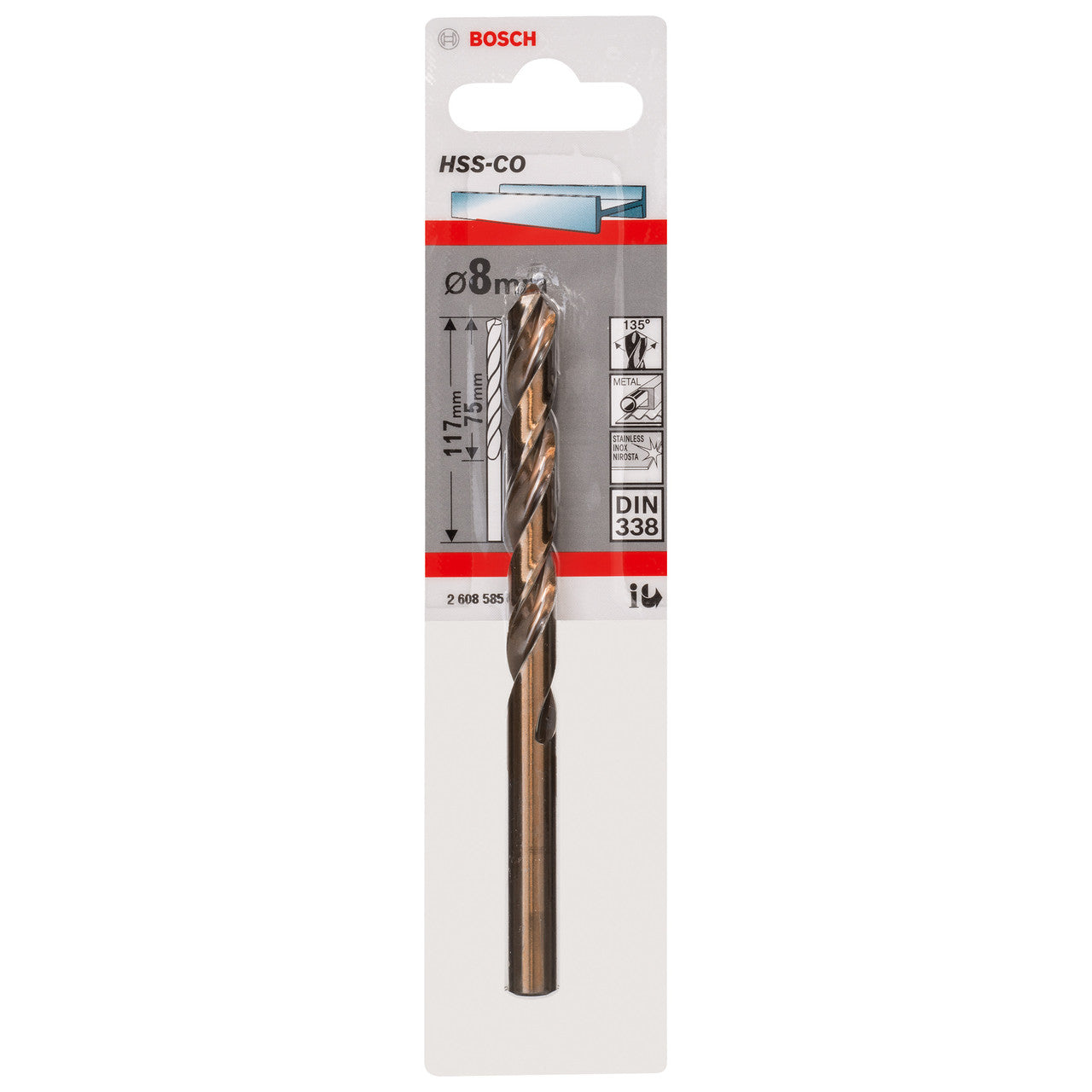 Bosch HSS-Co Cobalt Alloy Metal Drill Bit 8mm x 75mm x 117mm 2608585860