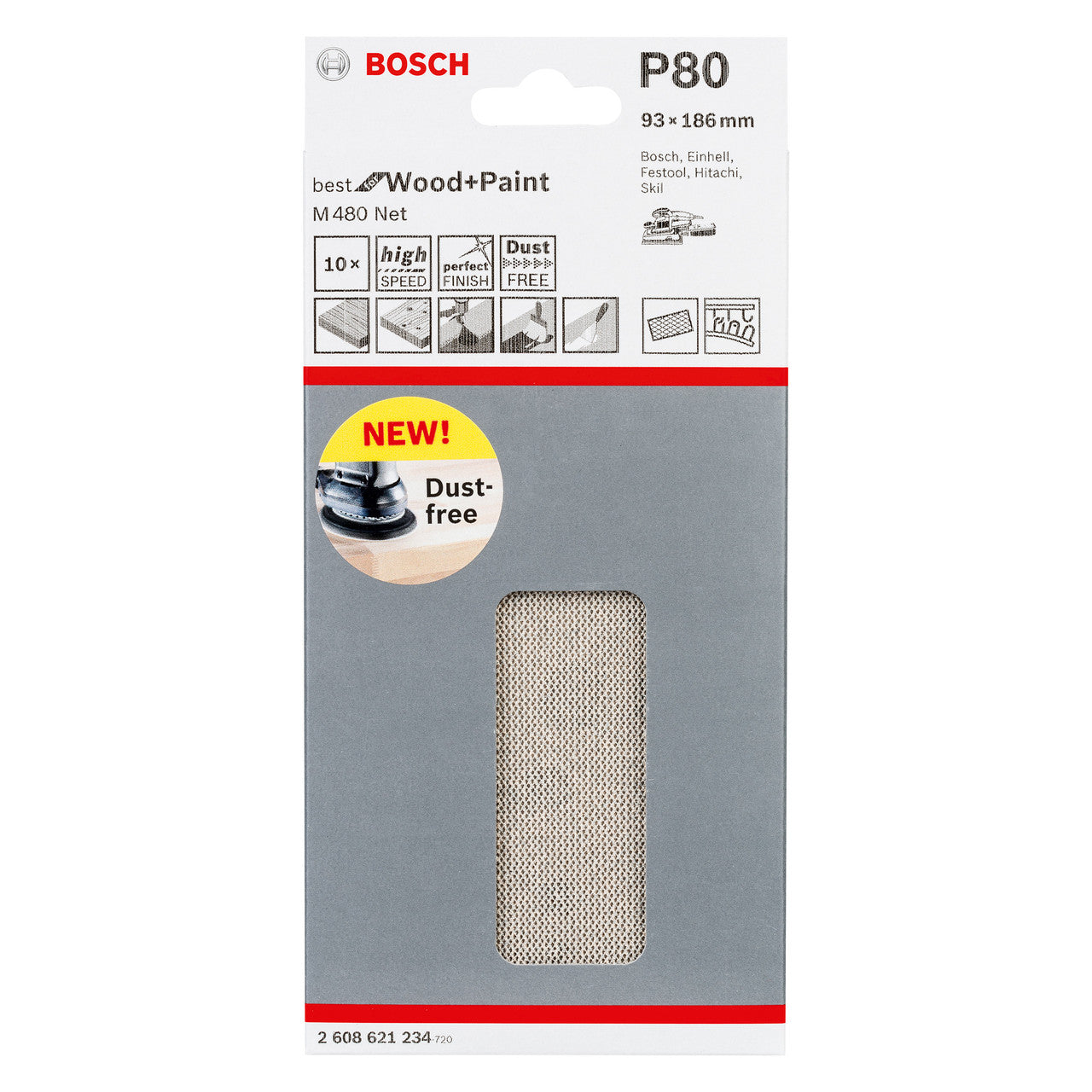 Bosch M480 1/3 Net Sanding Sheets 80 Grit 93 x 186mm 10 Pack 2608621234