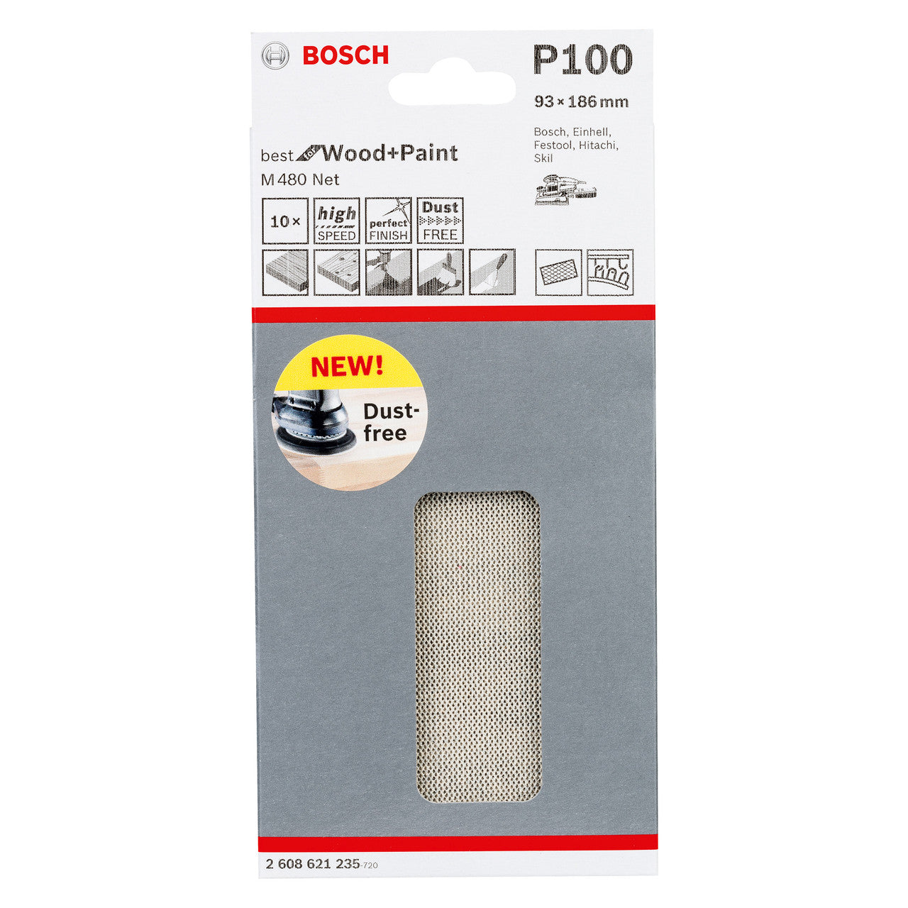 Bosch M480 1/3 Net Sanding Sheets 100 Grit 93 x 186mm 10 Pack 2608621235