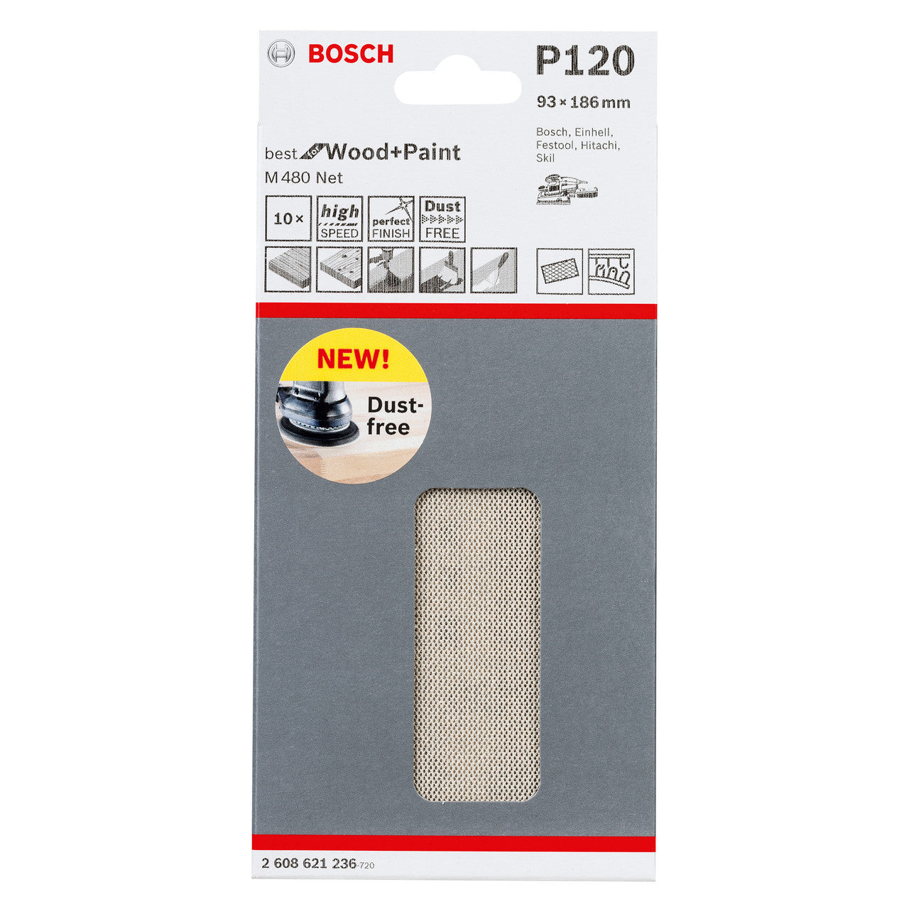 Bosch M480 1/3 Net Sanding Sheets 120 Grit 93 x 186mm 10 Pack 2608621236