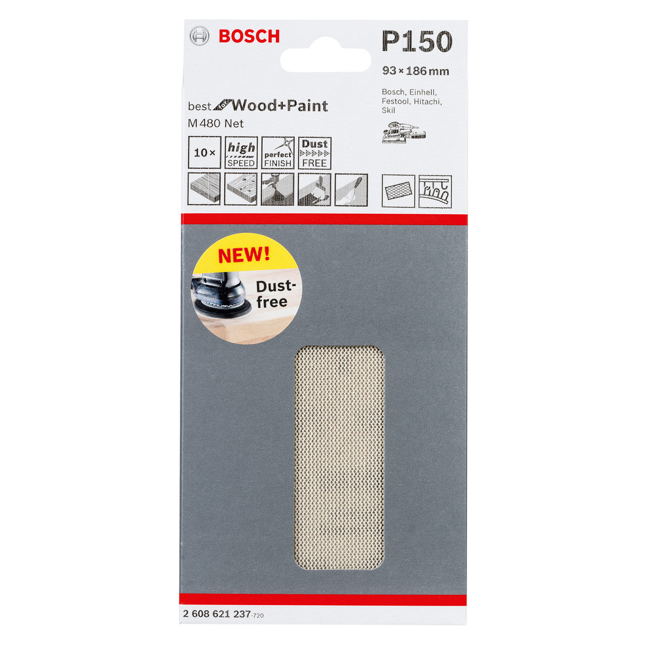 Bosch M480 1/3 Net Sanding Sheets 150 Grit 93 x 186mm 10 Pack 2608621237