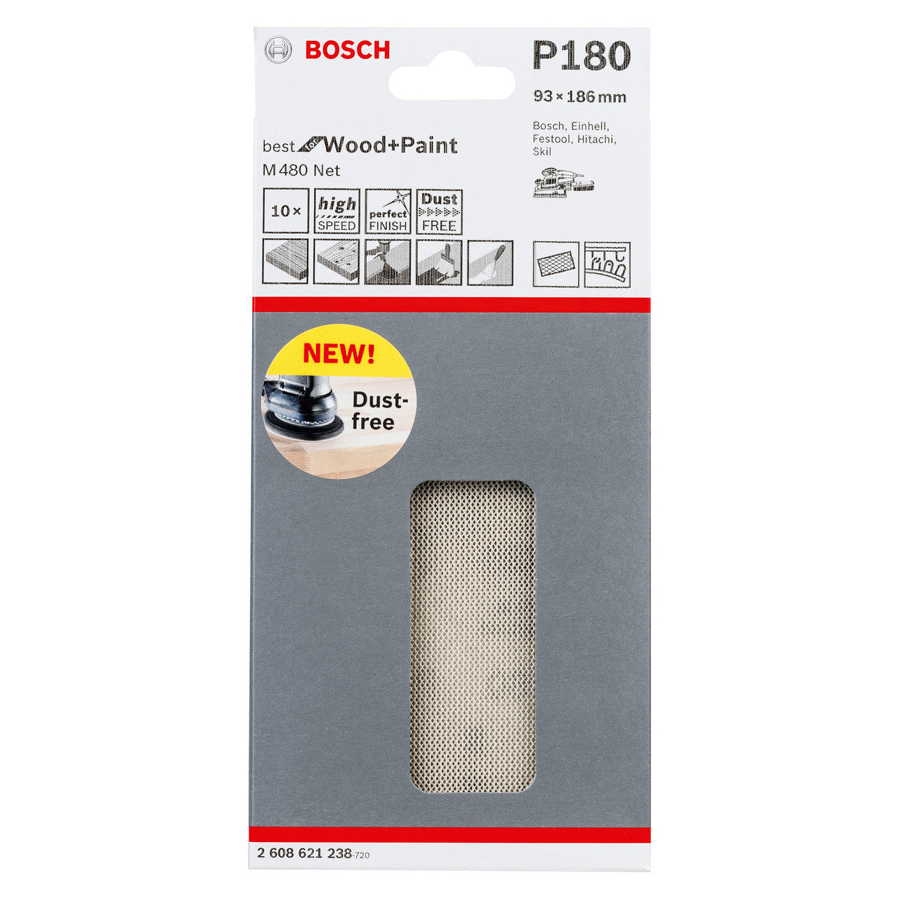Bosch M480 1/3 Net Sanding Sheets 180 Grit 93 x 186mm 10 Pack 2608621238
