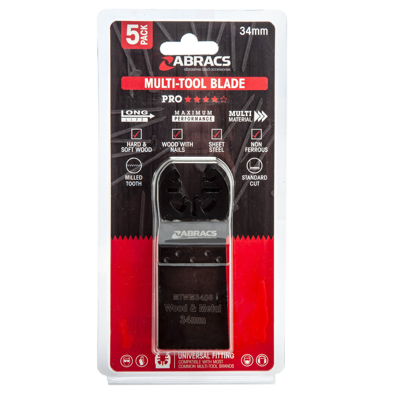 Abracs Multi Tool Blades for Wood and Metal 34mm Pack of 5 MTWM3405