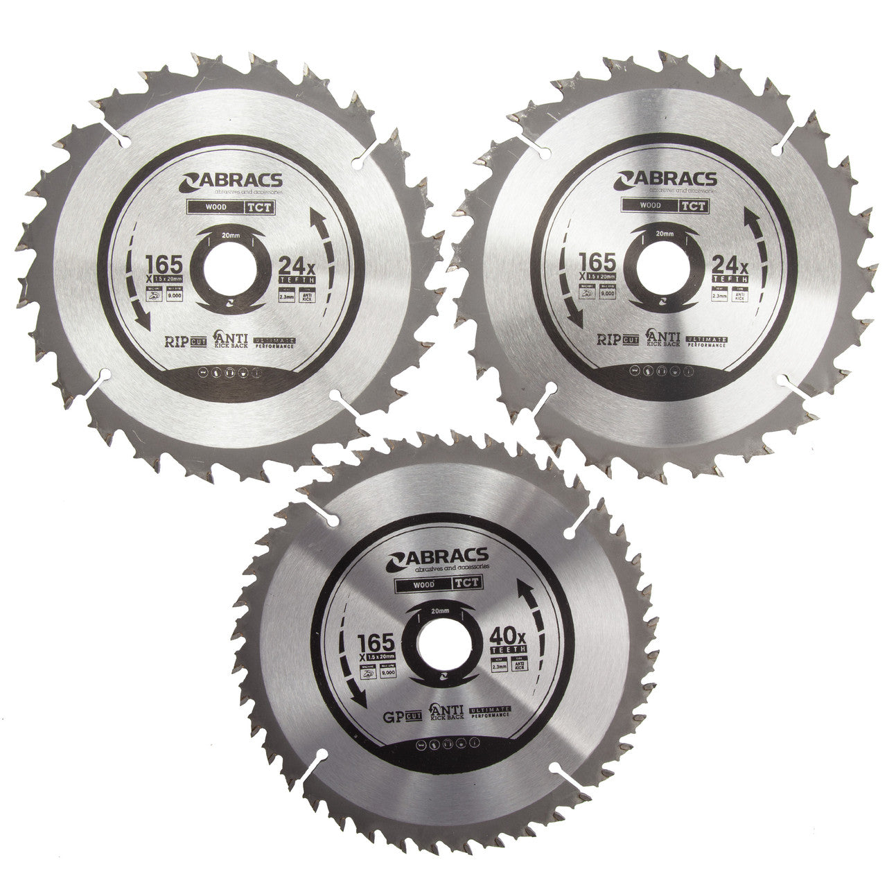 Abracs TCT Circular Saw Blade Triple Pack for Wood 165 x 20mm x 24 & 40T TCT1653