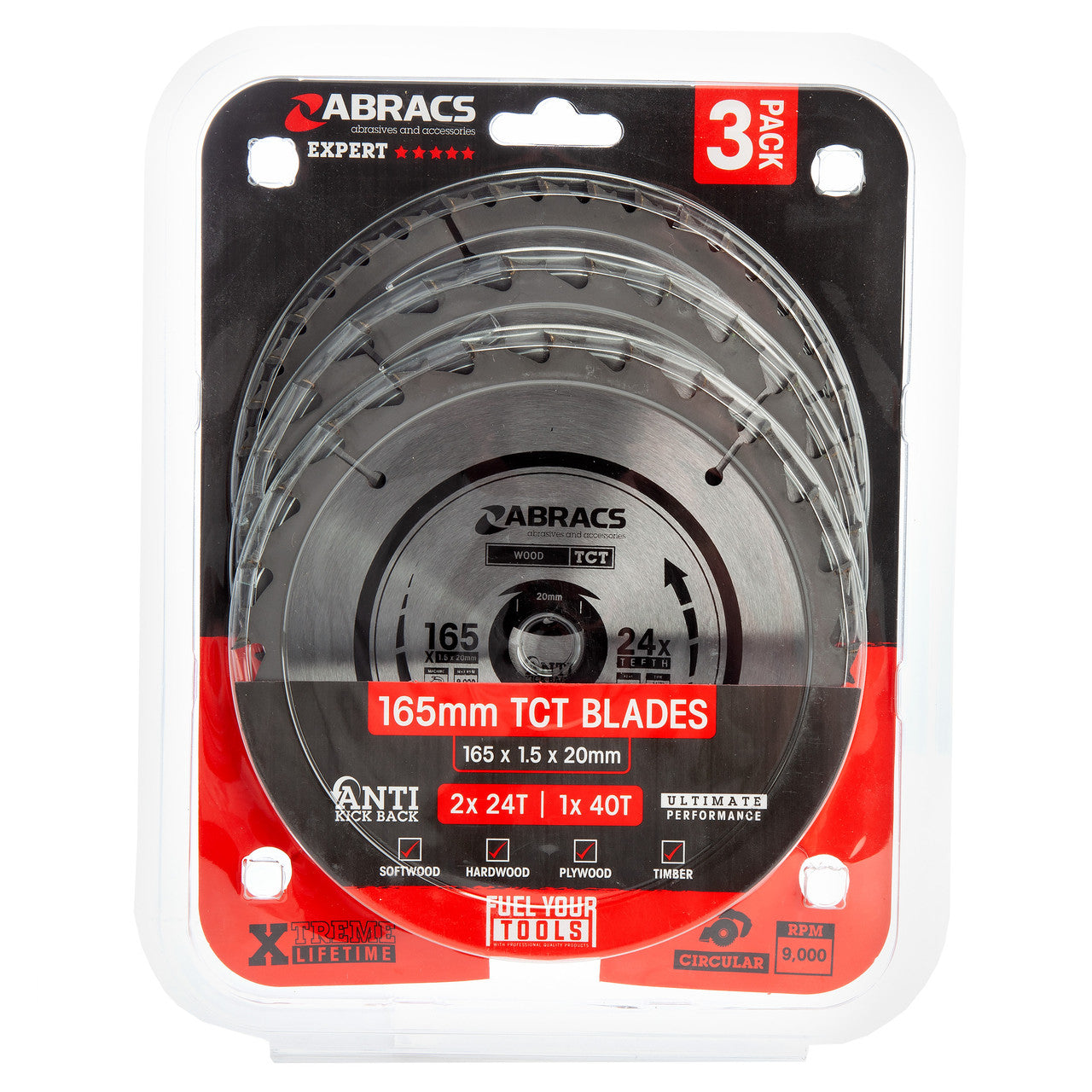 Abracs TCT Circular Saw Blade Triple Pack for Wood 165 x 20mm x 24 & 40T TCT1653