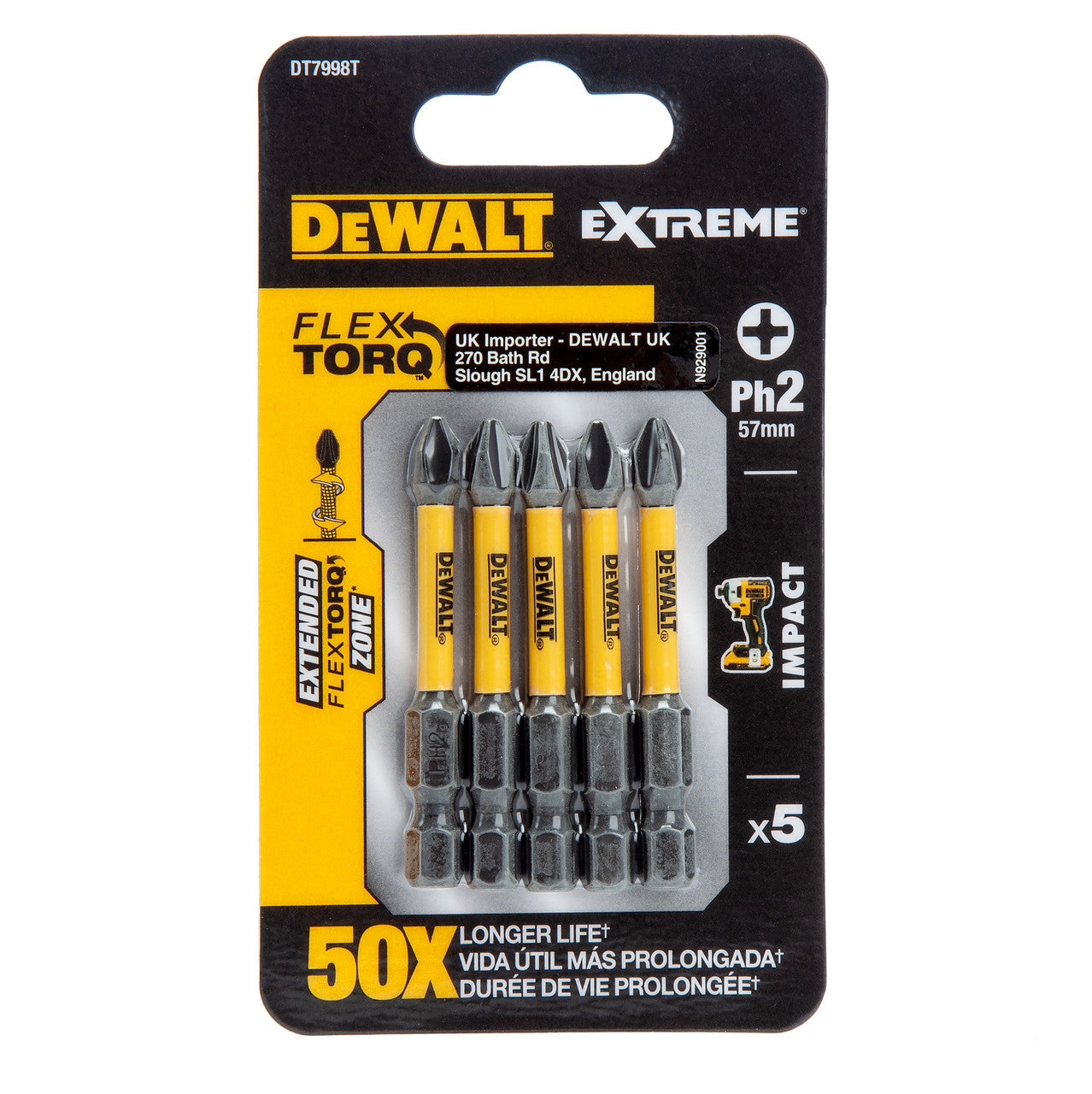 Dewalt Extreme FLEXTORQ PH2 Screwdriver Bits 57mm Pack Of 5 DT7998T