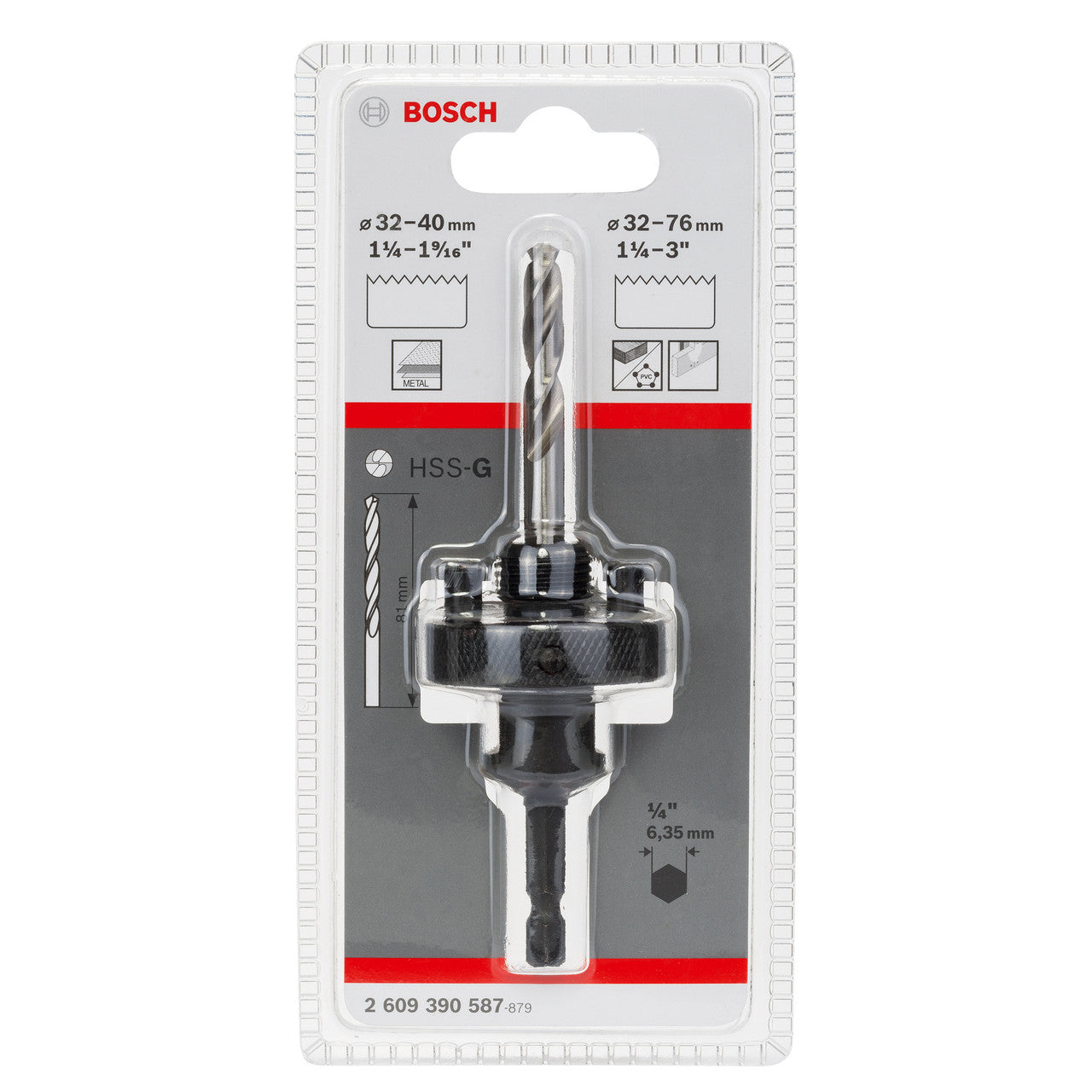 Bosch HSS-G Hex Shank Hole Saw Arbor 32-76mm Drive Size 1/4" 2609390587