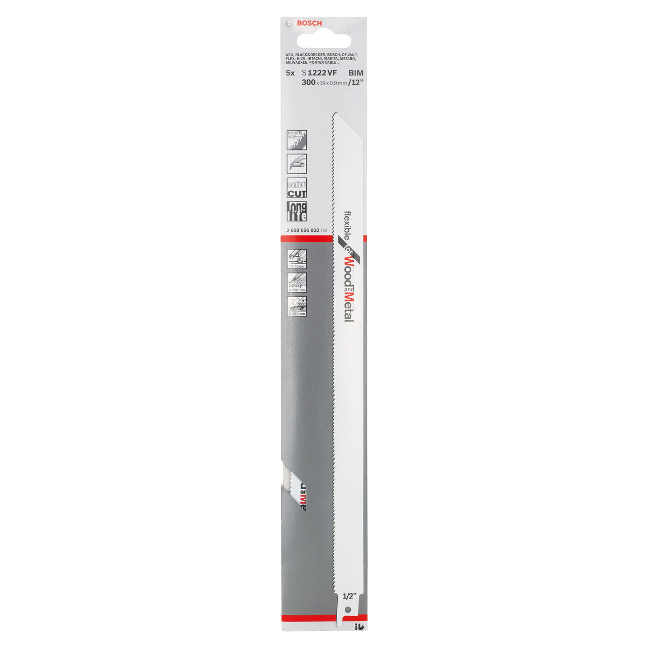 Bosch Reciprocating Saw Blades for Wood and Metal 300mm Pack Of 5 S1222VF