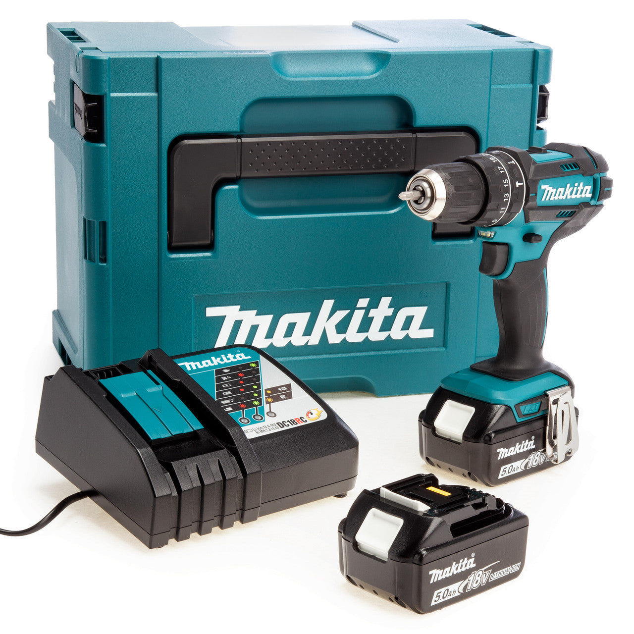Makita 18V LXT Combi Drill 2 x 5.0Ah Batteries in MakPac case Keyless DHP482RTJ
