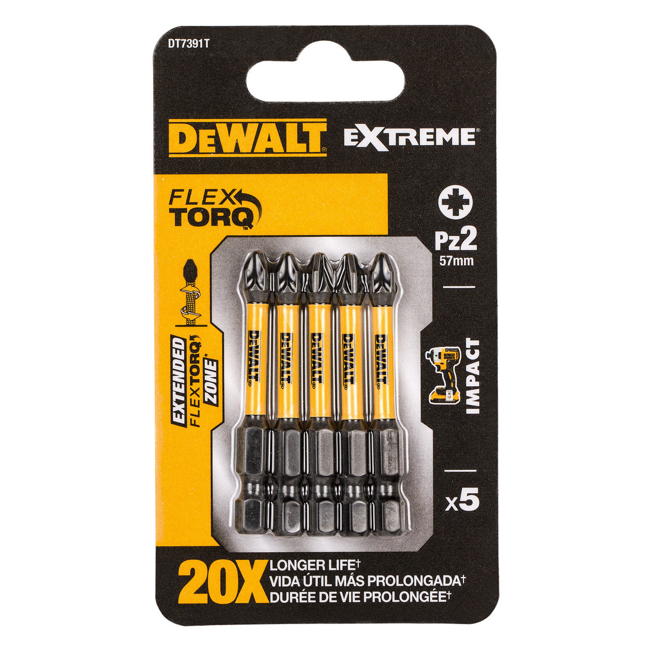 Dewalt Extreme FLEXTORQ PZ2 Screwdriver Bits 57mm Pack Of 5 DT7391T