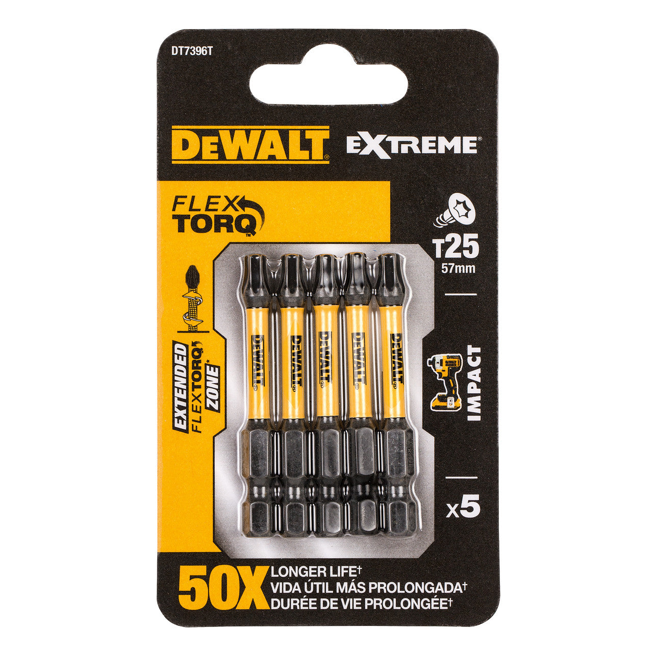 Dewalt Extreme FLEXTORQ T25 Torx Screwdriver Bits 57mm Pack Of 5 DT7396T