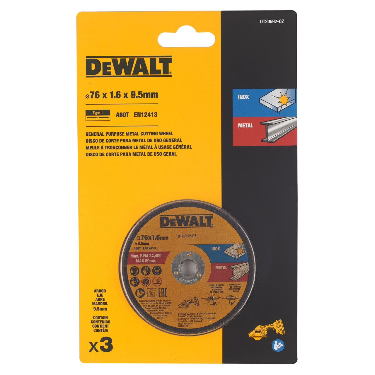 Dewalt Bonded Abrasive Cutting Discs 75mm x 1.6mm x 9.5mm Pack of 3 DT20592