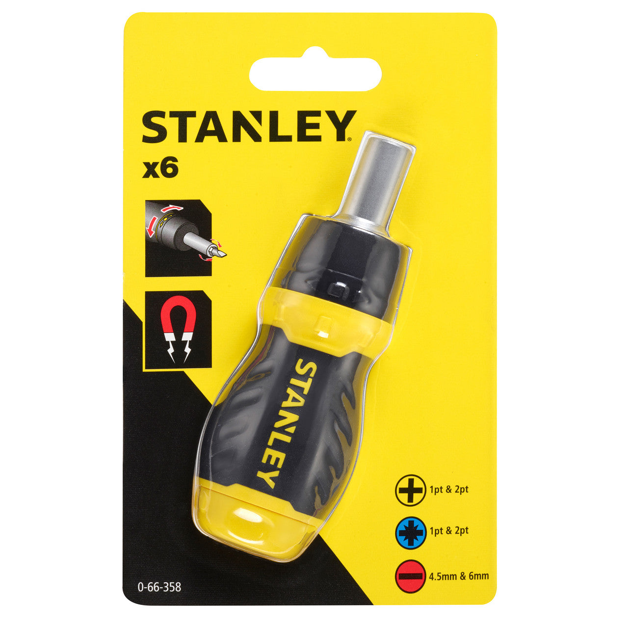 Stanley Stubby Multi-Bit Ratcheting Screwdriver 6 Bits Built In storage 0-66-358