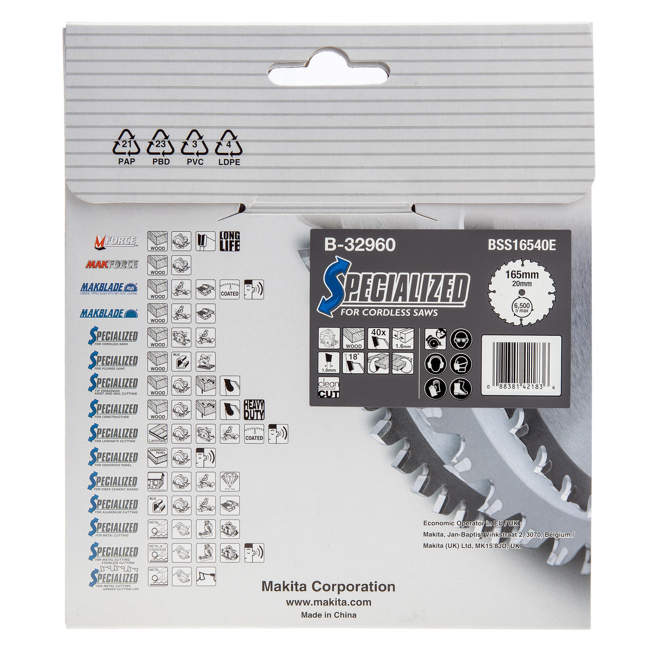 Makita Specialized Circular Saw Blade for Cordless Saws 165 x 20mm x 40T B-32960