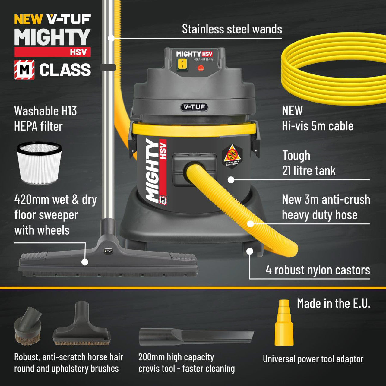 V-TUF MIGHTY M-Class Wet & Dry Dust Extractor 21L 240V Health & Safety Version