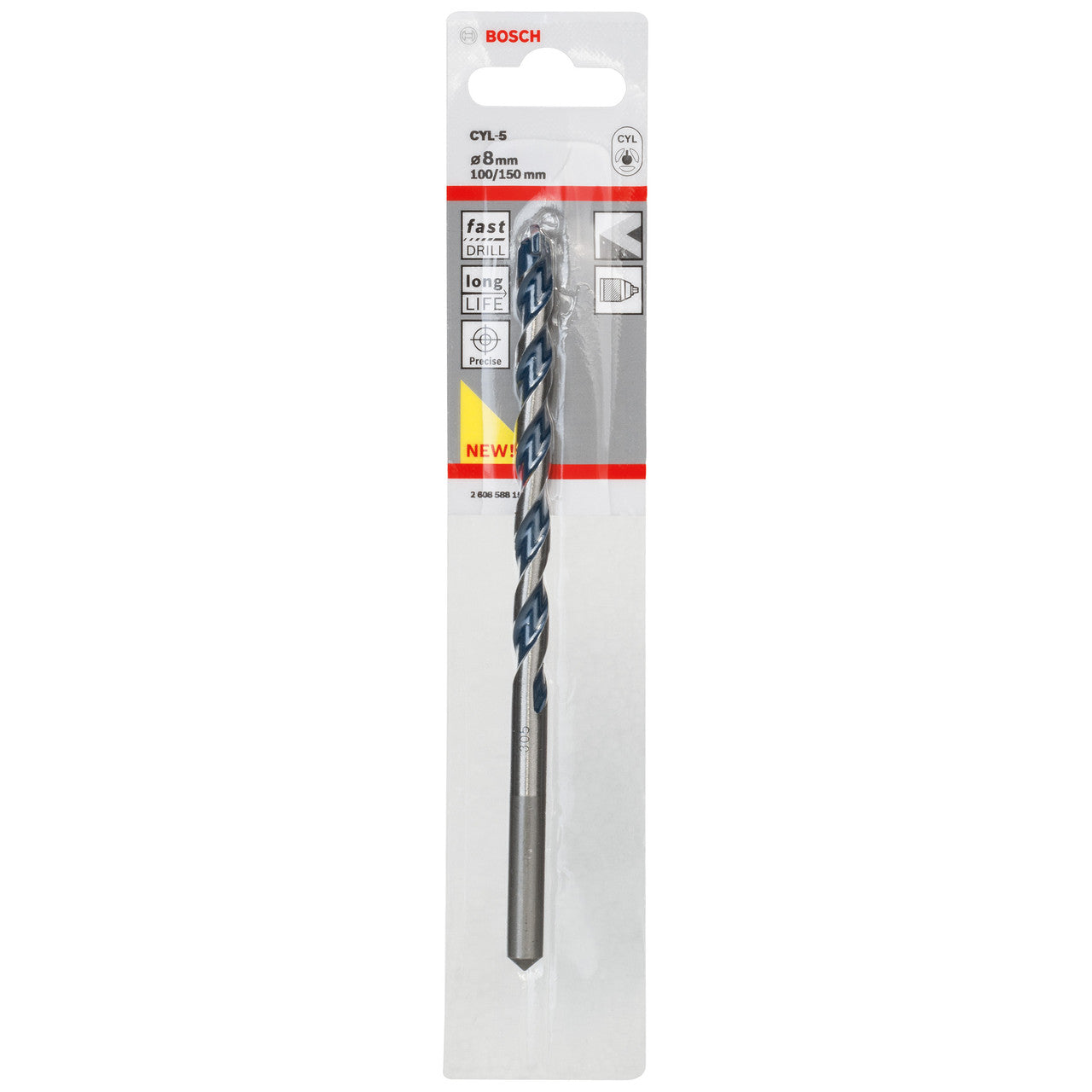 Bosch CYL-5 Concrete Drill Bit 8 x 100 x 150mm 2 Flute Red Friction 2608588152