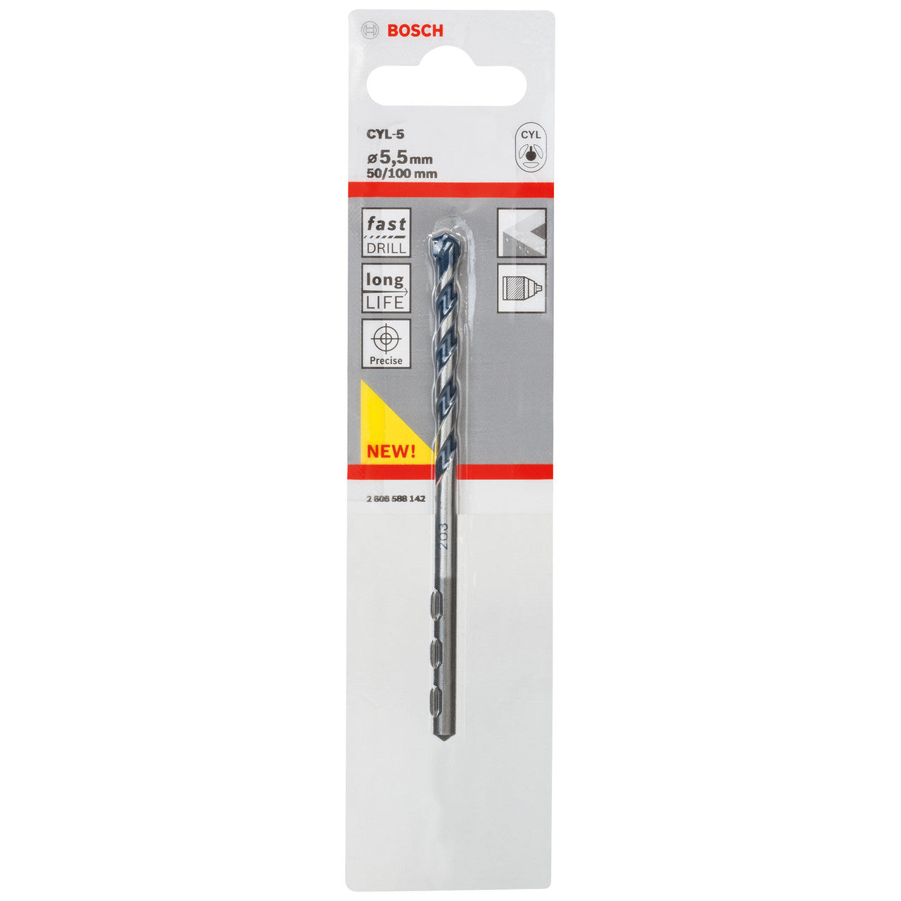 Bosch CYL-5 Concrete Drill Bit 5.5 x 50 x 100mm 2 Flute Red Friction 2608588142