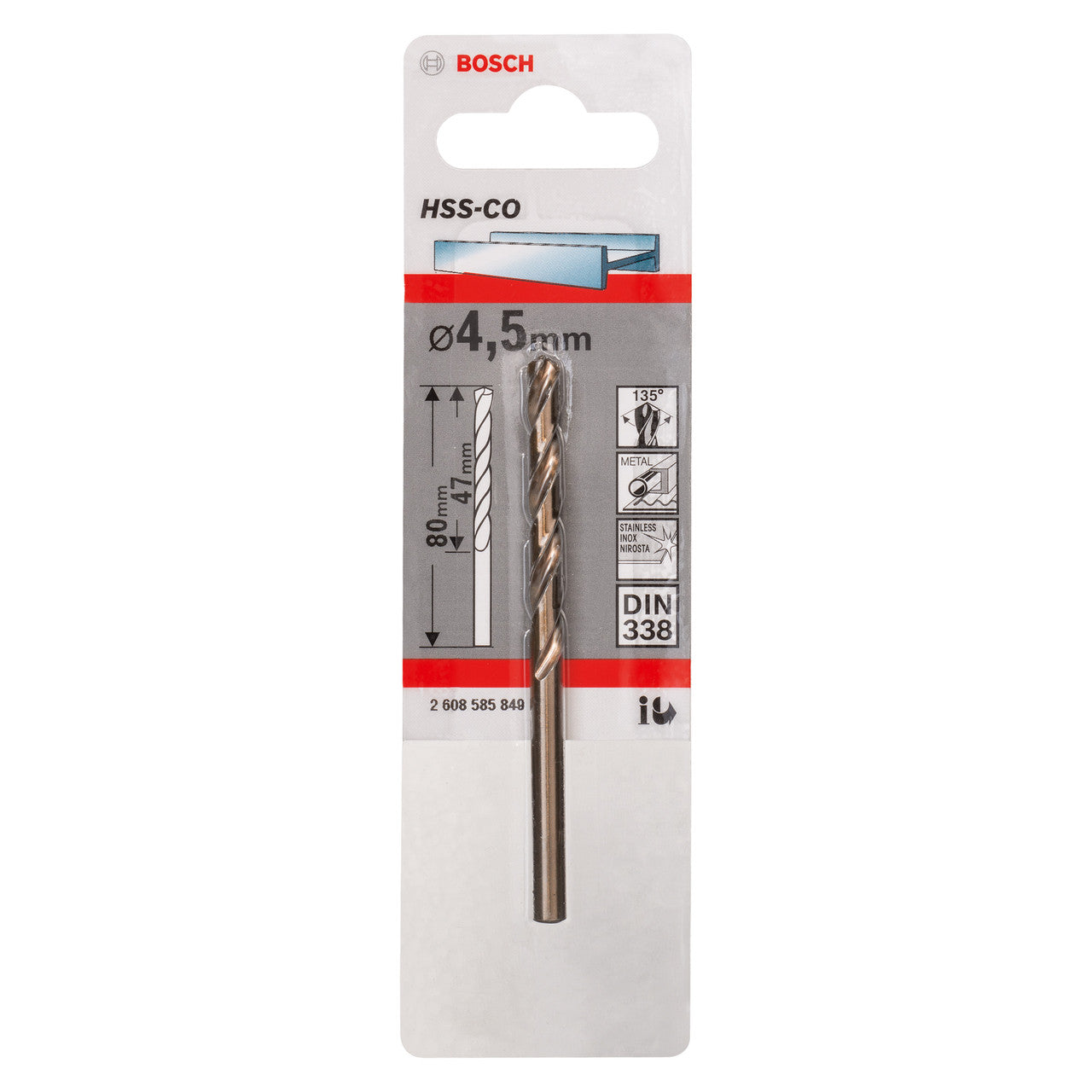 Bosch HSS-Co Cobalt Alloy Metal Drill Bit 4.5mm x 47mm x 80mm 2608585849