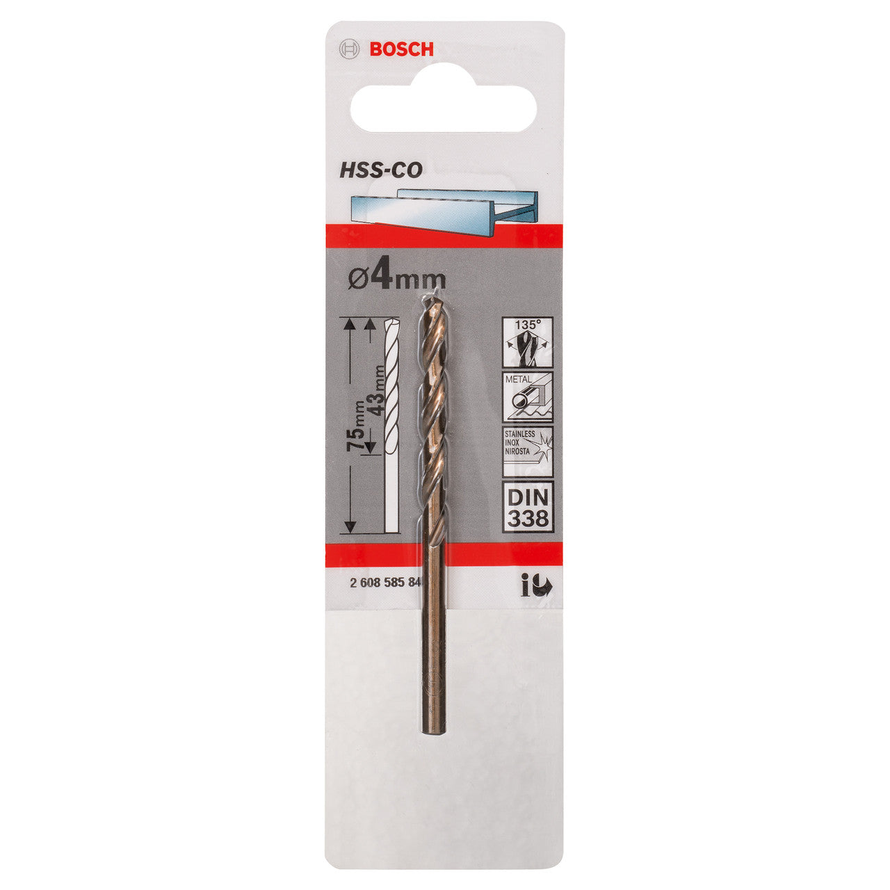Bosch HSS-Co Cobalt Alloy Metal Drill Bit 4mm x 43mm x 75mm 2608585846