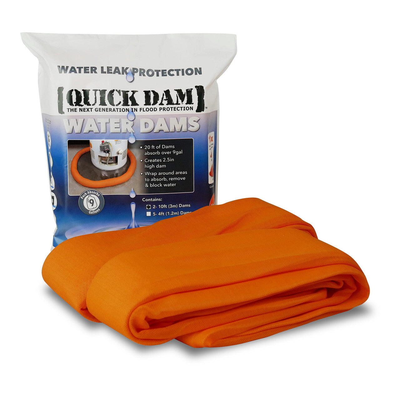 Quick Dam Indoor Hi Vis Water Dams 3m/10ft 2 Pack Absorbs 3.1 Gal each WUB210-2