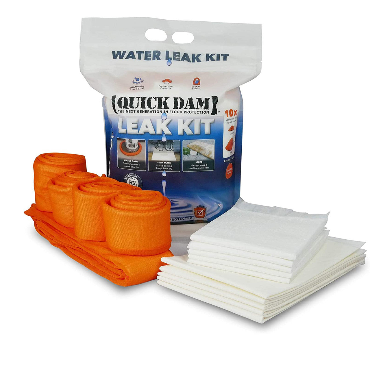 Quick Dam Flood Kit 5 Mats 5 Drip Mats 4x 1.2m/4ft & 1x 3m/10ft Hi VisDams 15Pce