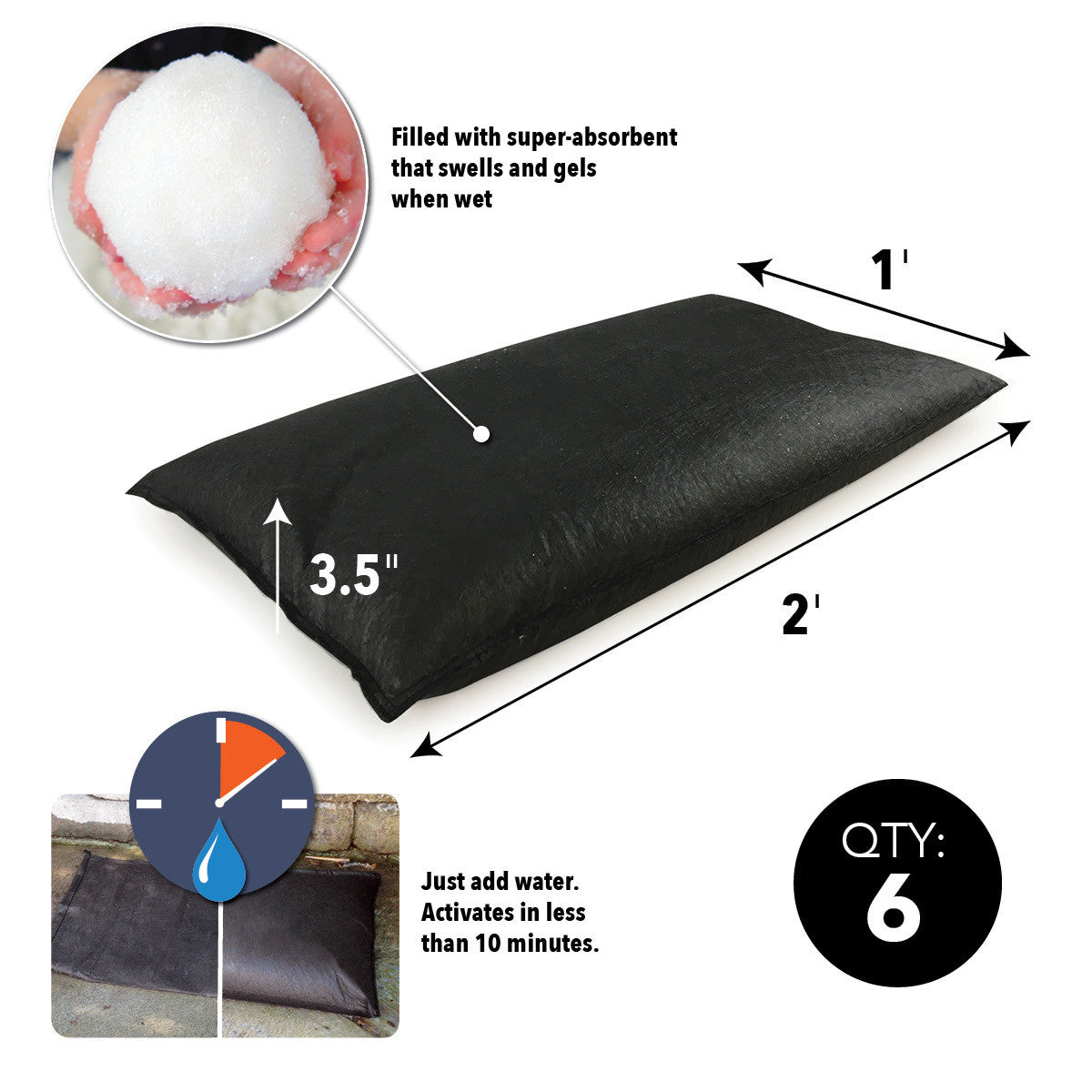 Quick Dam Water Activated Flood Bags 30cm 1ft x 61cm 2ft Pack of 6 QD1224-6
