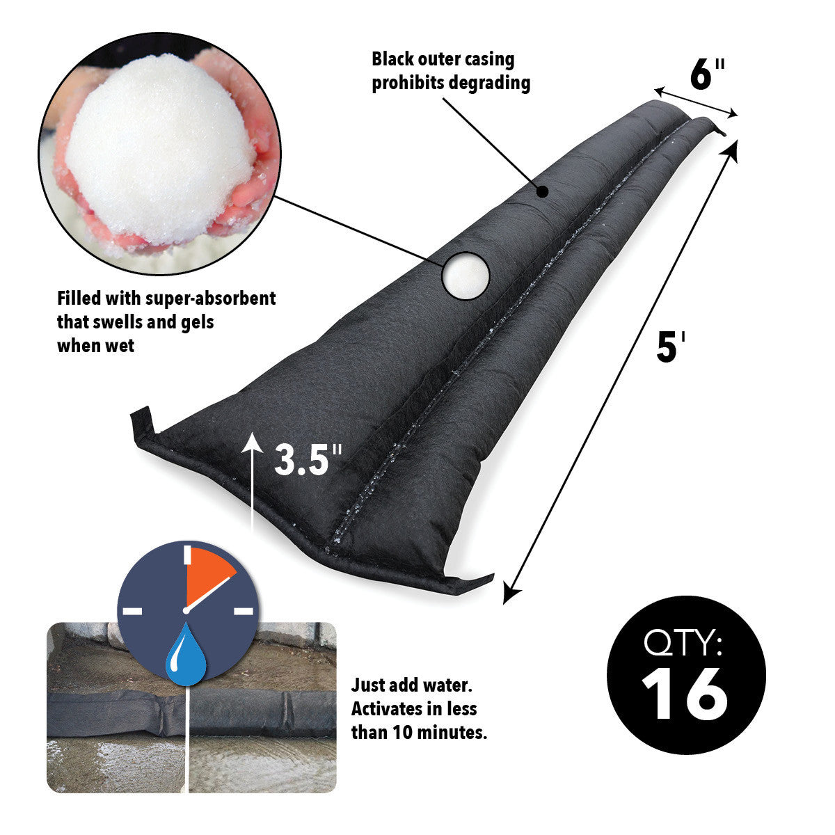Quick Dam Water Activated Flood Barriers 1.5m 5ft Pack of 16 QD65-16