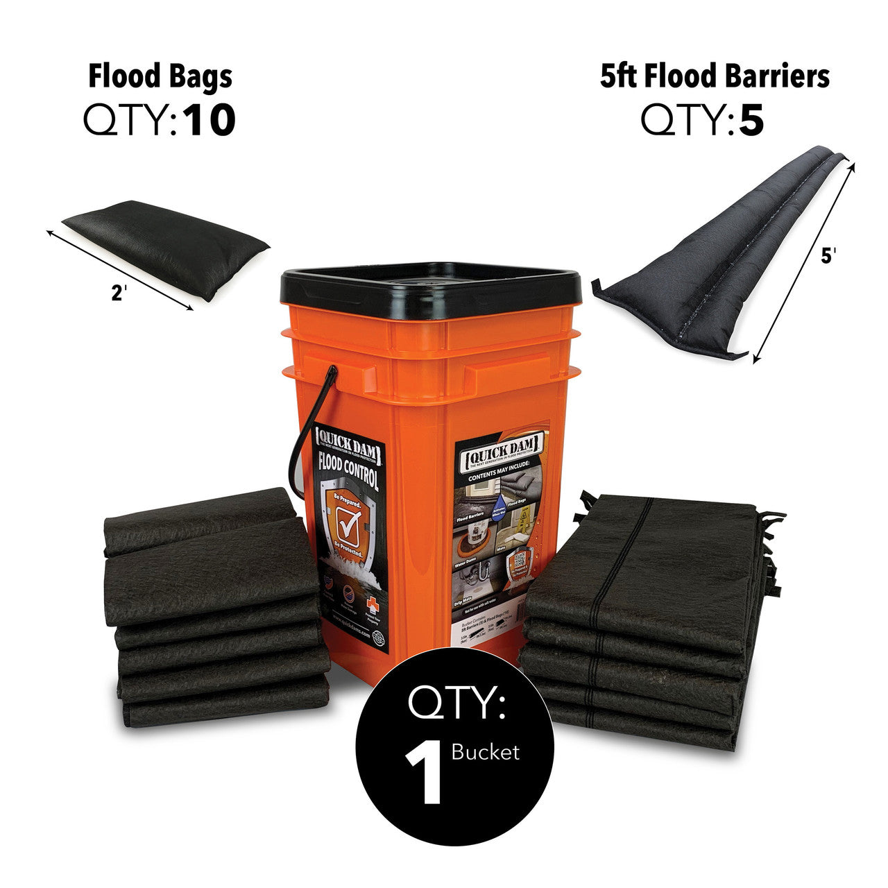 Quick Dam Grab & Go Combo 5x 1.5m 5ft Flood Barriers 10x Flood Bags QDGGCO
