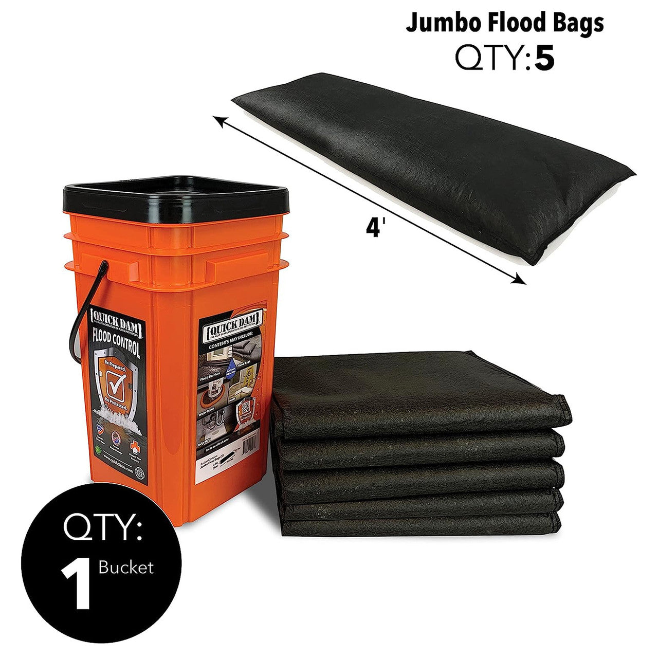 Quick Dam Grab & Go Bucket 5x Jumbo Flood Bags 5 Piece QDGG1248-5